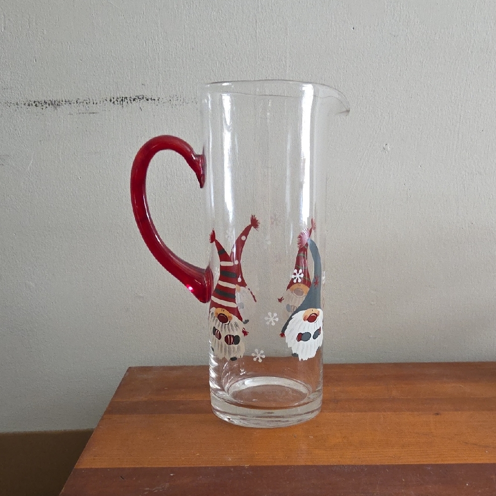 Hand Painted Gnome Pitcher Large Glass Pitcher - Christmas